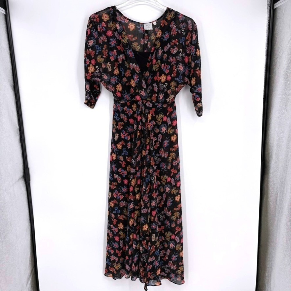 HD in Paris Anthropologie Floral Midi Dress 12P‎ Black Multicolor Boho Wrap